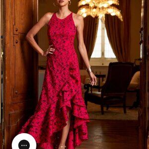 Boston Proper High-Neck Lace Ruffle Gown Racing Red, Size 10 NWT
